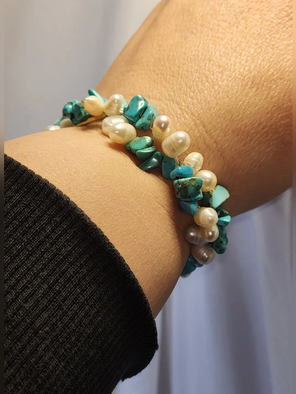 Turquoise Chip & Pearl Cluster Bracelet and Earrings Set - Women Jewelry